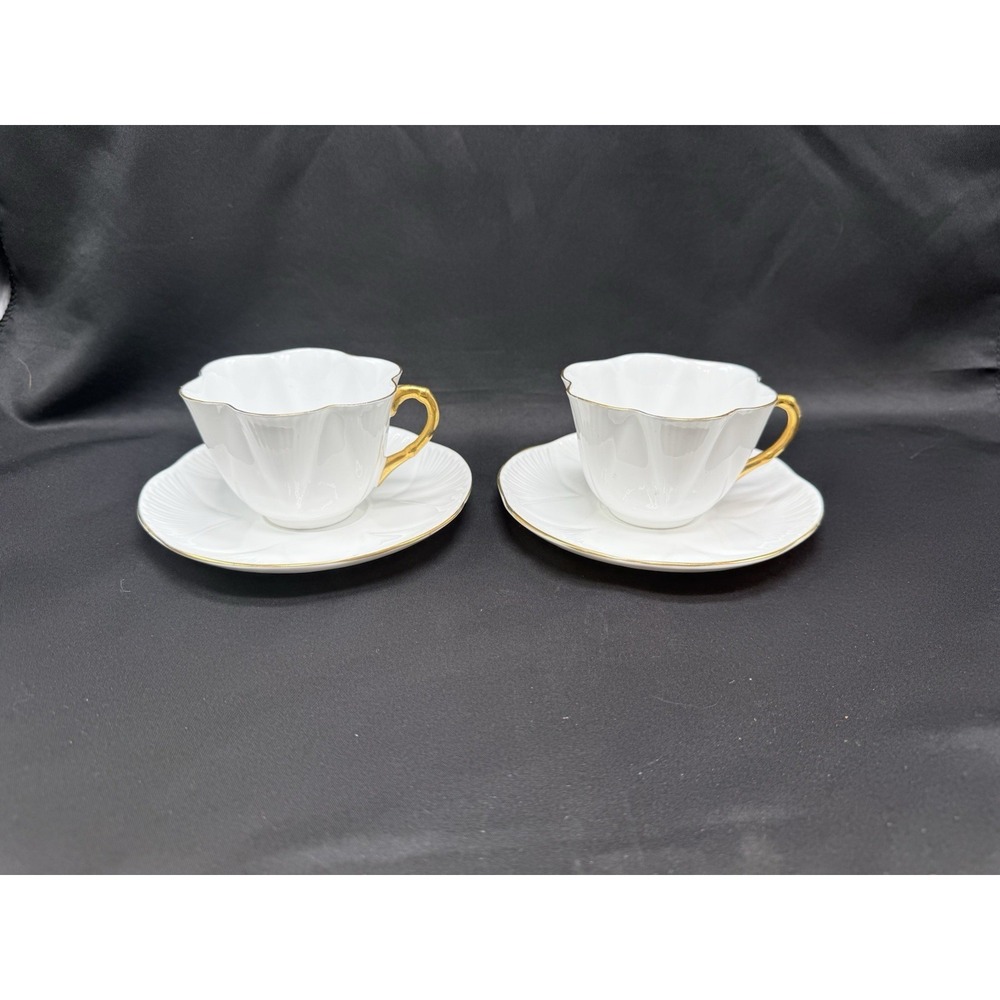 Shelley Dainty White with thick Gold Trim Two Tea Cups & Saucers